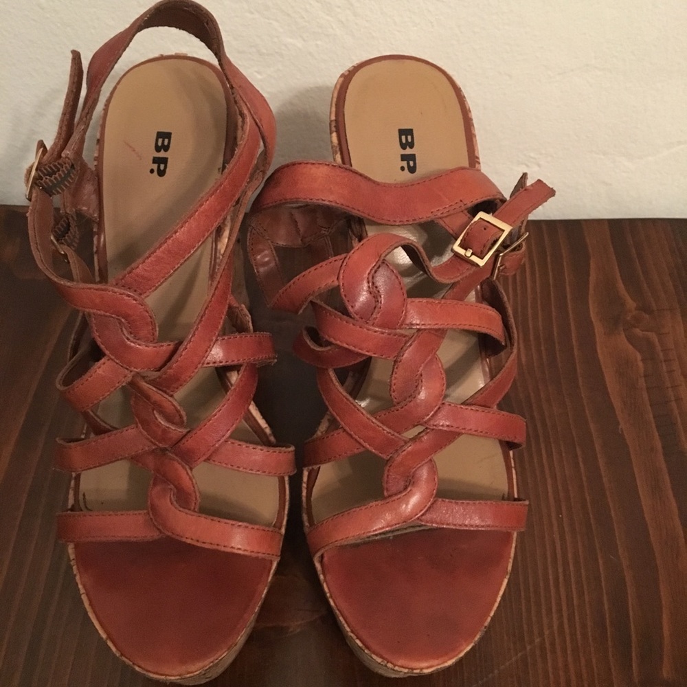 BP Cognac strappy cork wedges with gold buckle